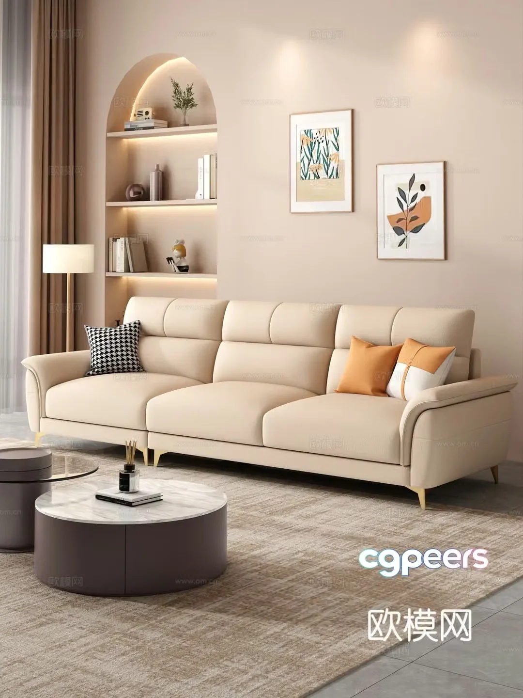 Creamy living room modern simple home living room sofa coffee table combination fabric sofa storage cabinet 3d model