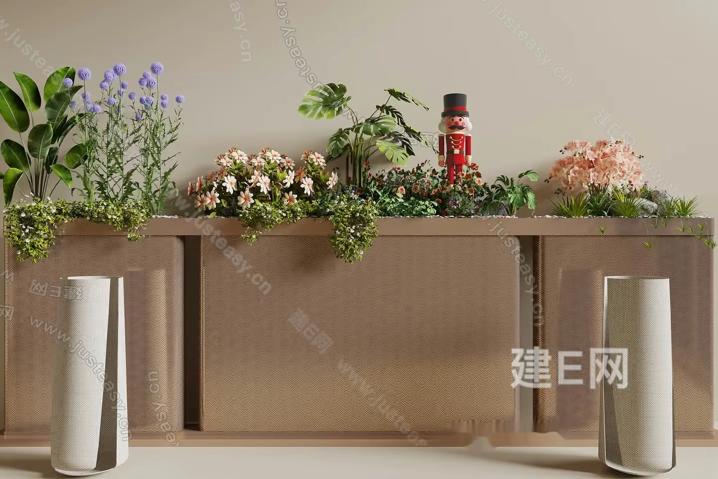 A Beige Wall With A Wooden Shelf And White Vases 3D Model – 1590 – VRAY Render