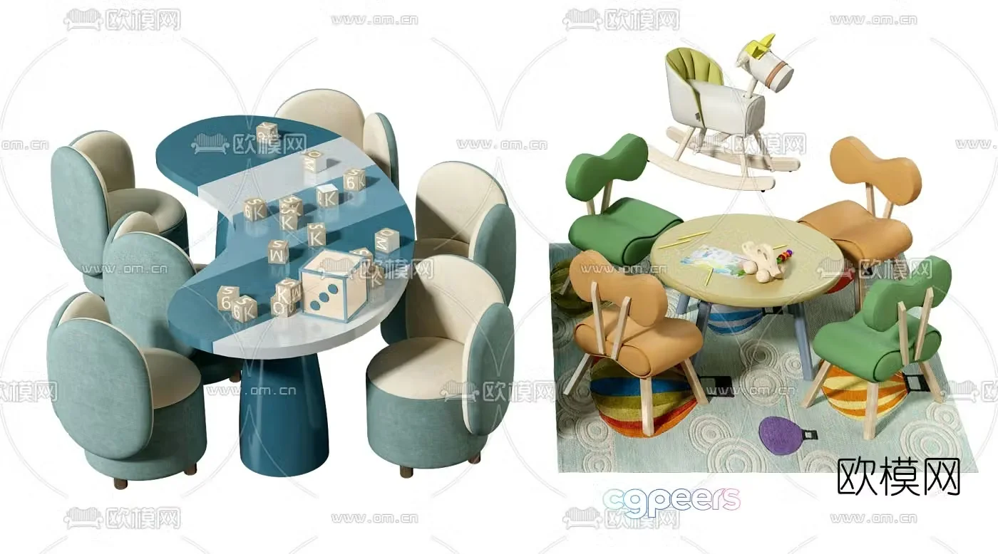 Modern children’s table and chair wooden horse 3d model