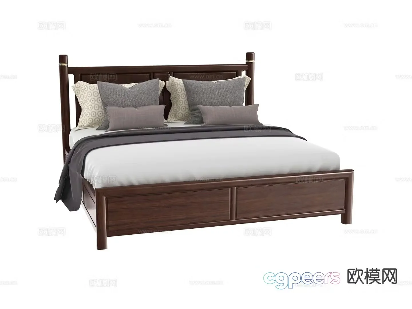 New Chinese style double bed walnut bed 3d model