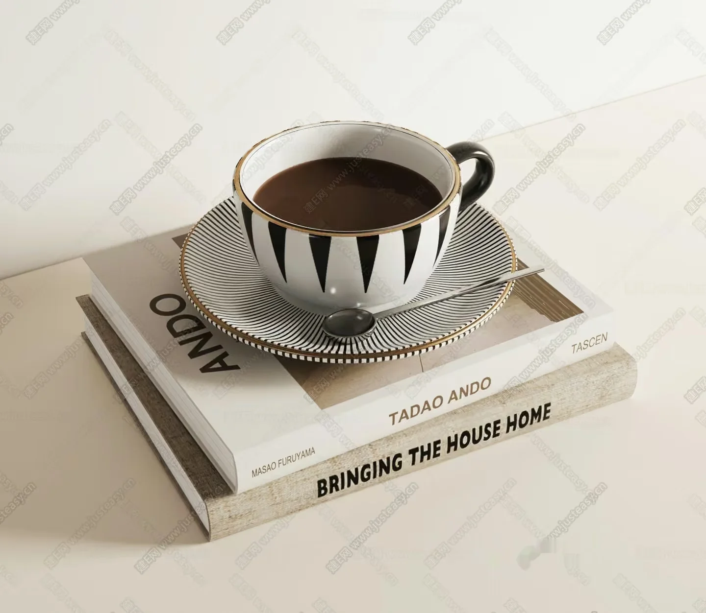 A Stack Of Books With A Cup Of Coffee On Top 3D Model – 17348 – VRAY Render