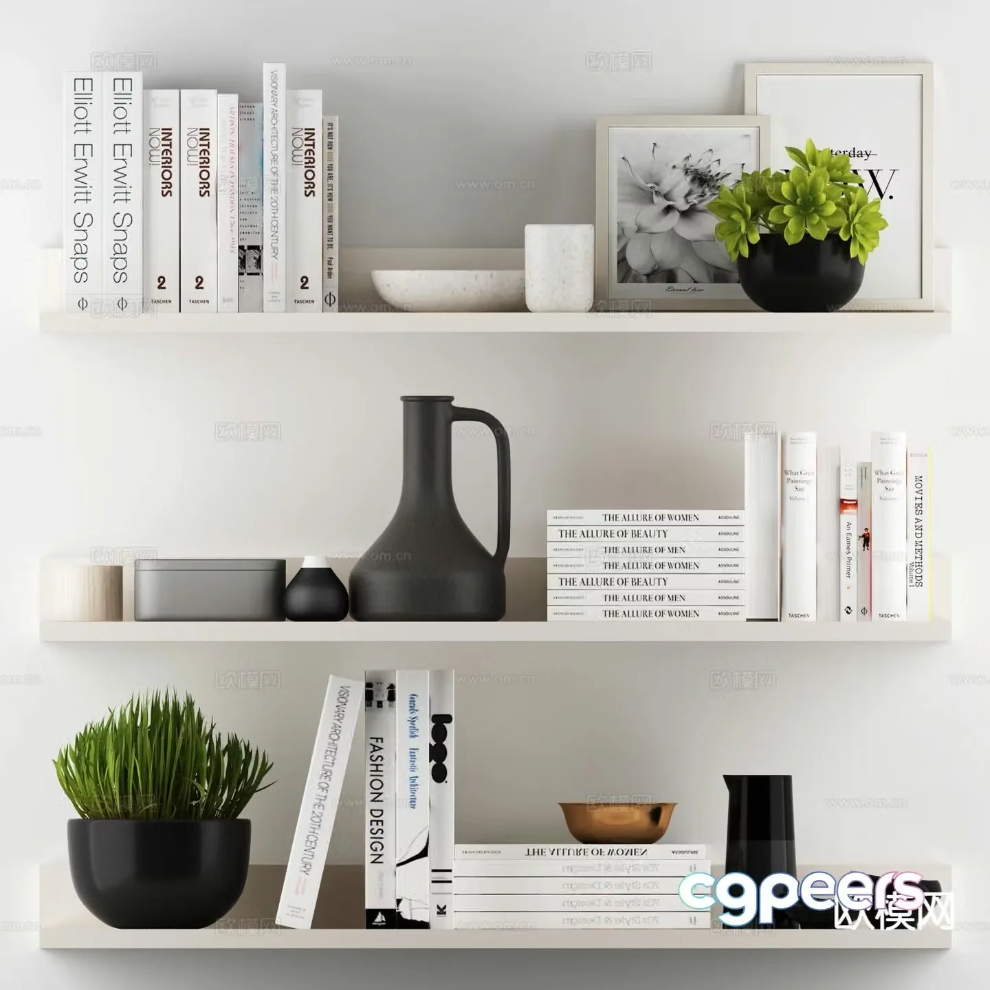 Modern decorations books potted plants 3D model