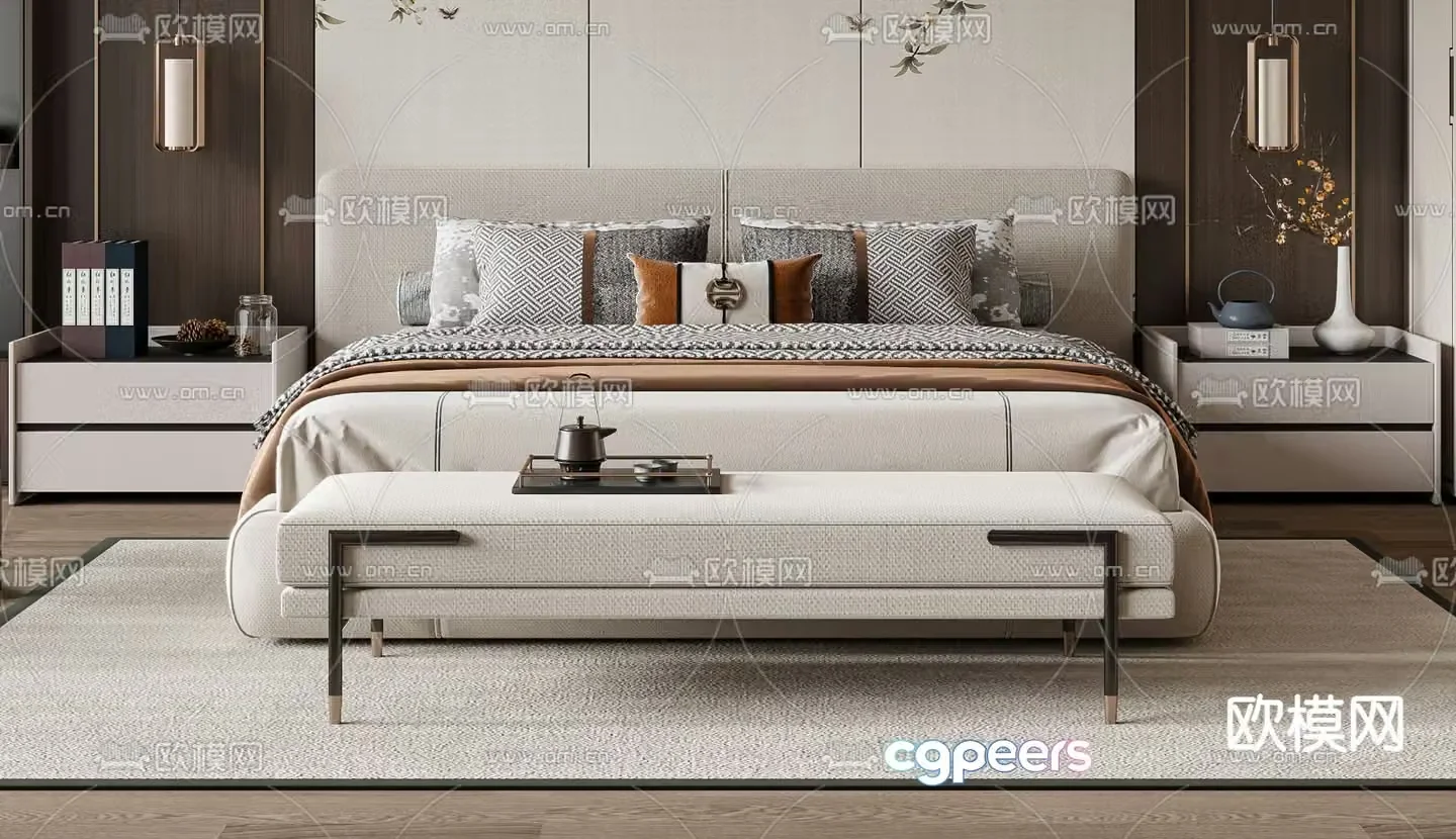 New Chinese style double bed 3d model