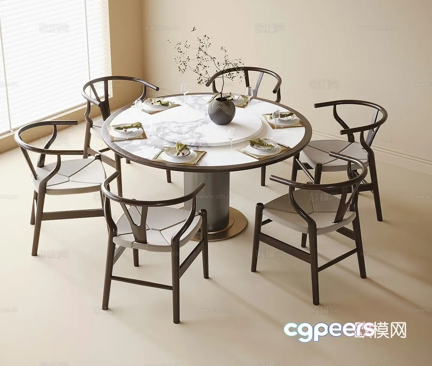 New Chinese dining table and chair combination dining chair round dining table tea chair 3d model