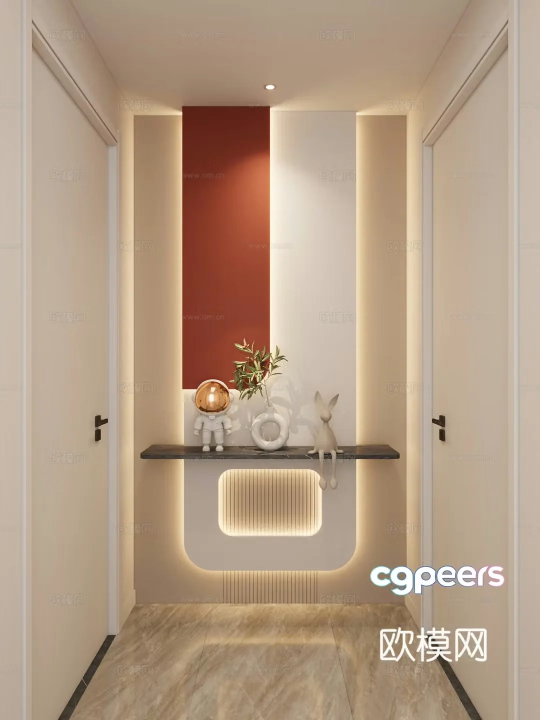 Cream Simple Style Arc Lighting Grille Corridor End View Entrance Entrance 3D Model