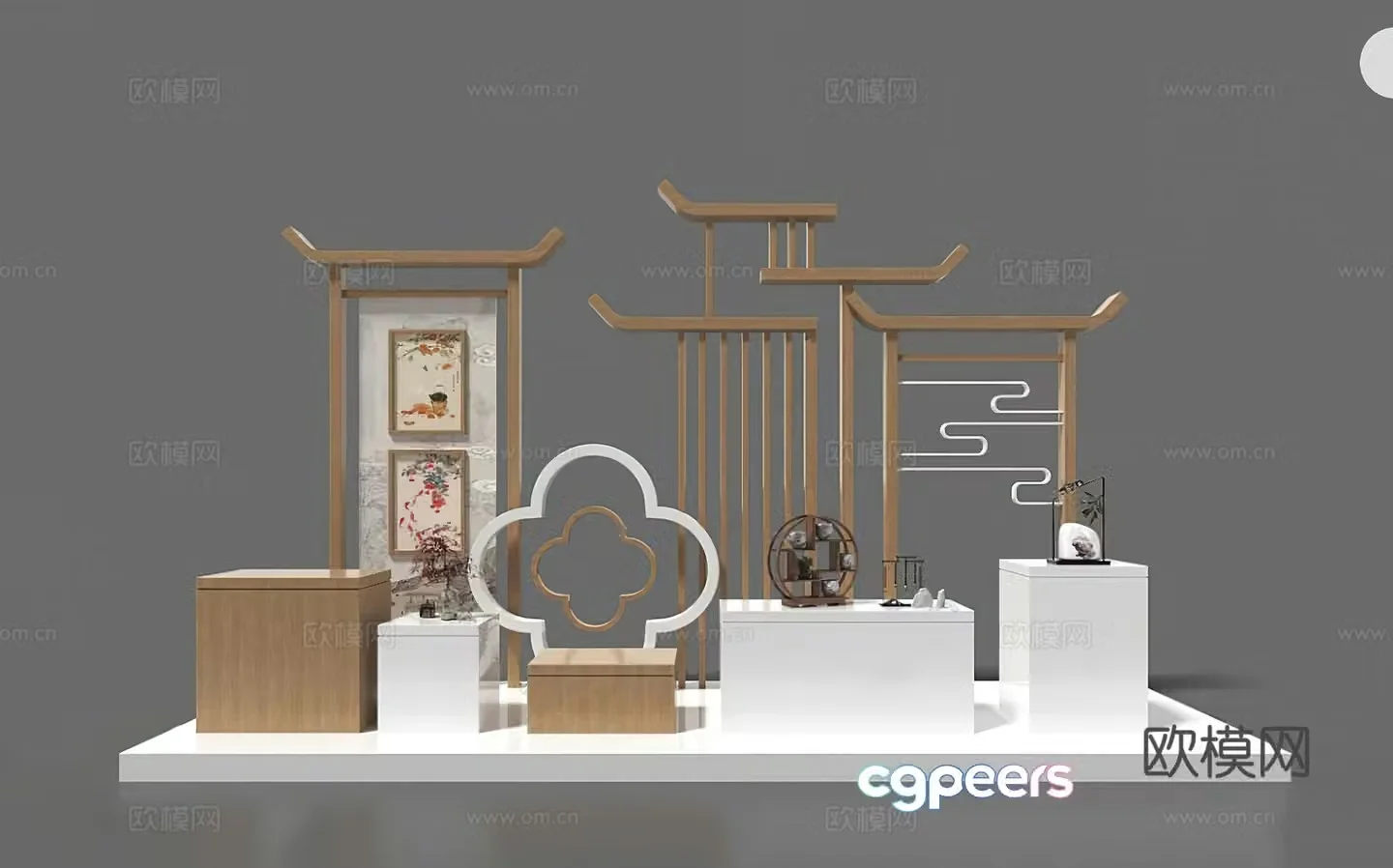 New Chinese style display stand New Chinese style background Partition display Showroom Exhibition hall New rural 3D model