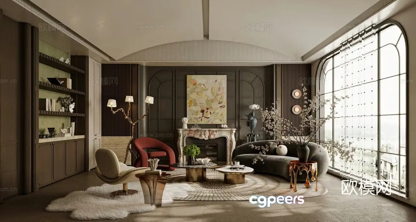 French living room sofa coffee table combination single sofa curved sofa side table 3D model