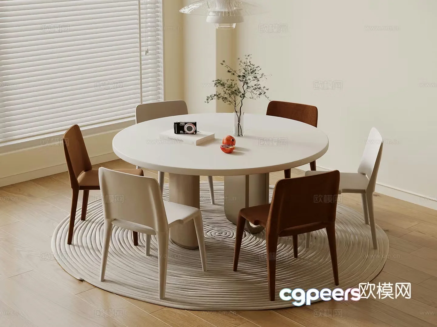 Modern cream style dining table and chairs Round dining table 3d model