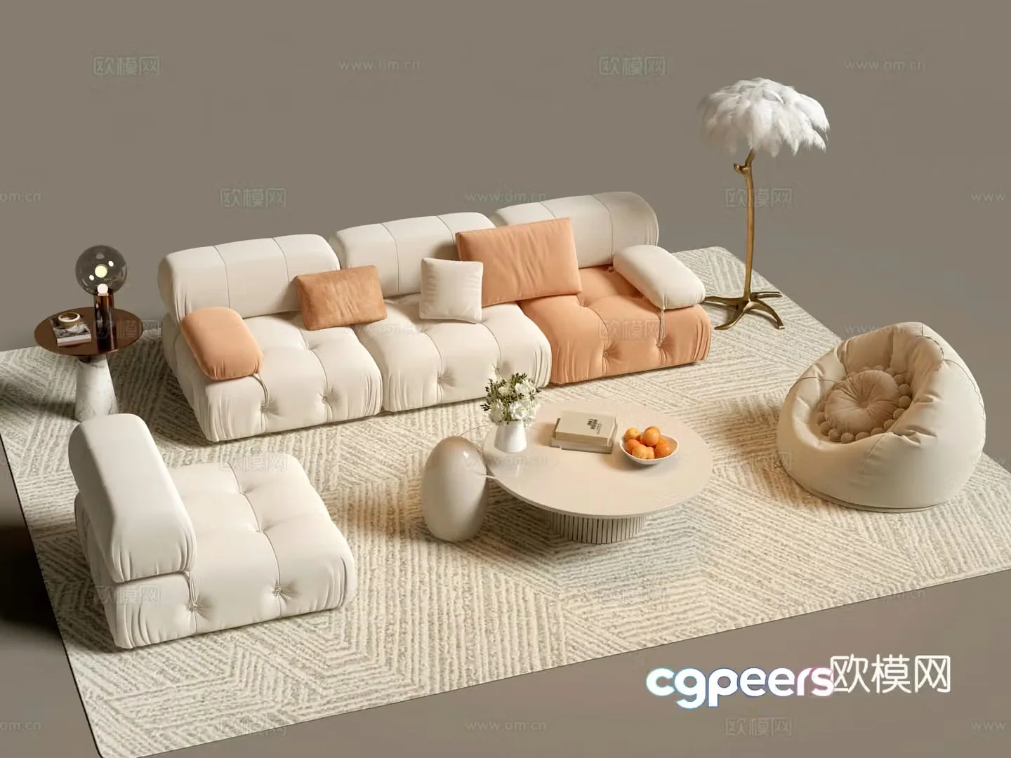 French cream sofa coffee table feather floor lamp 3d model