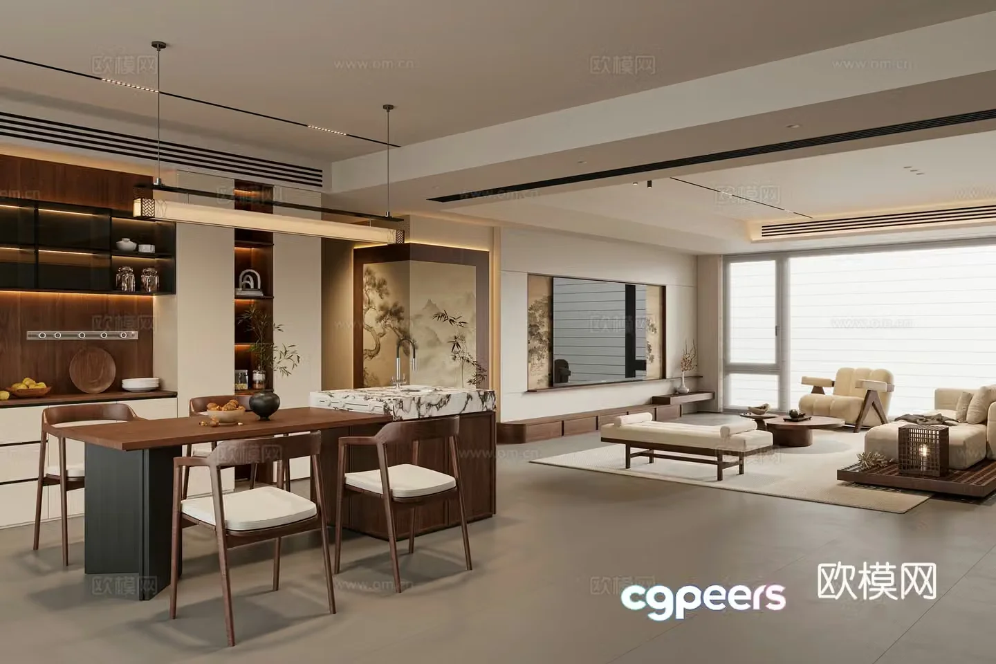 New Chinese Song style style restaurant island sideboard sofa coffee table combination TV cabinet 3D model