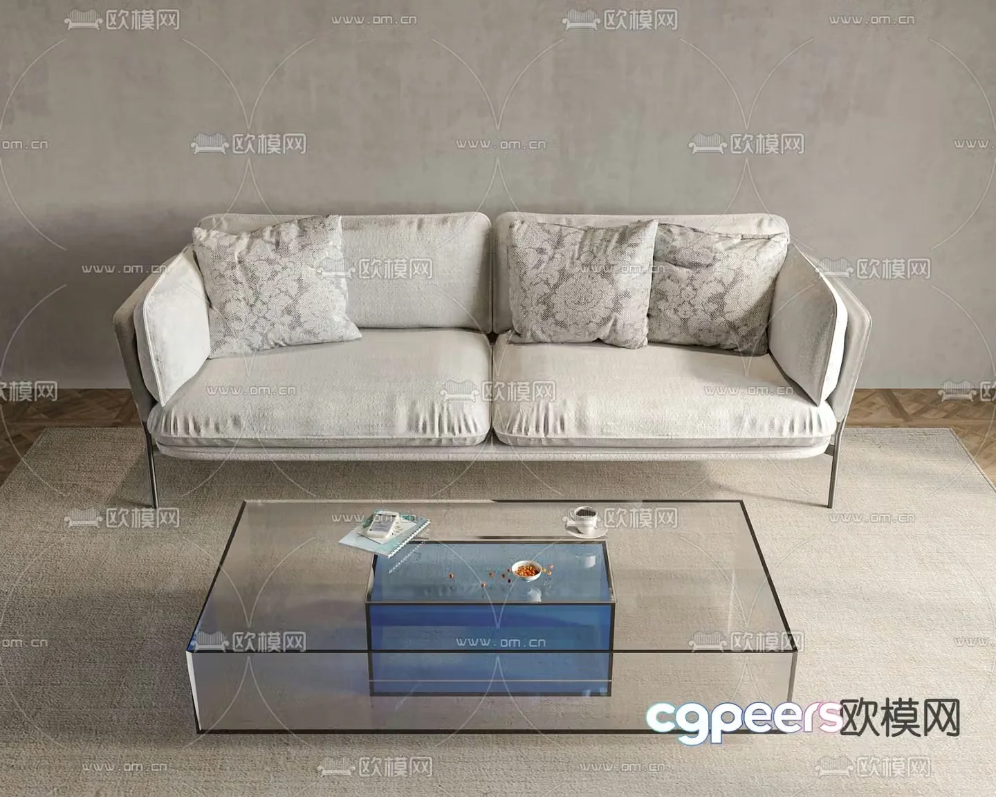Minotti modern white fabric double sofa coffee table combination 3d model