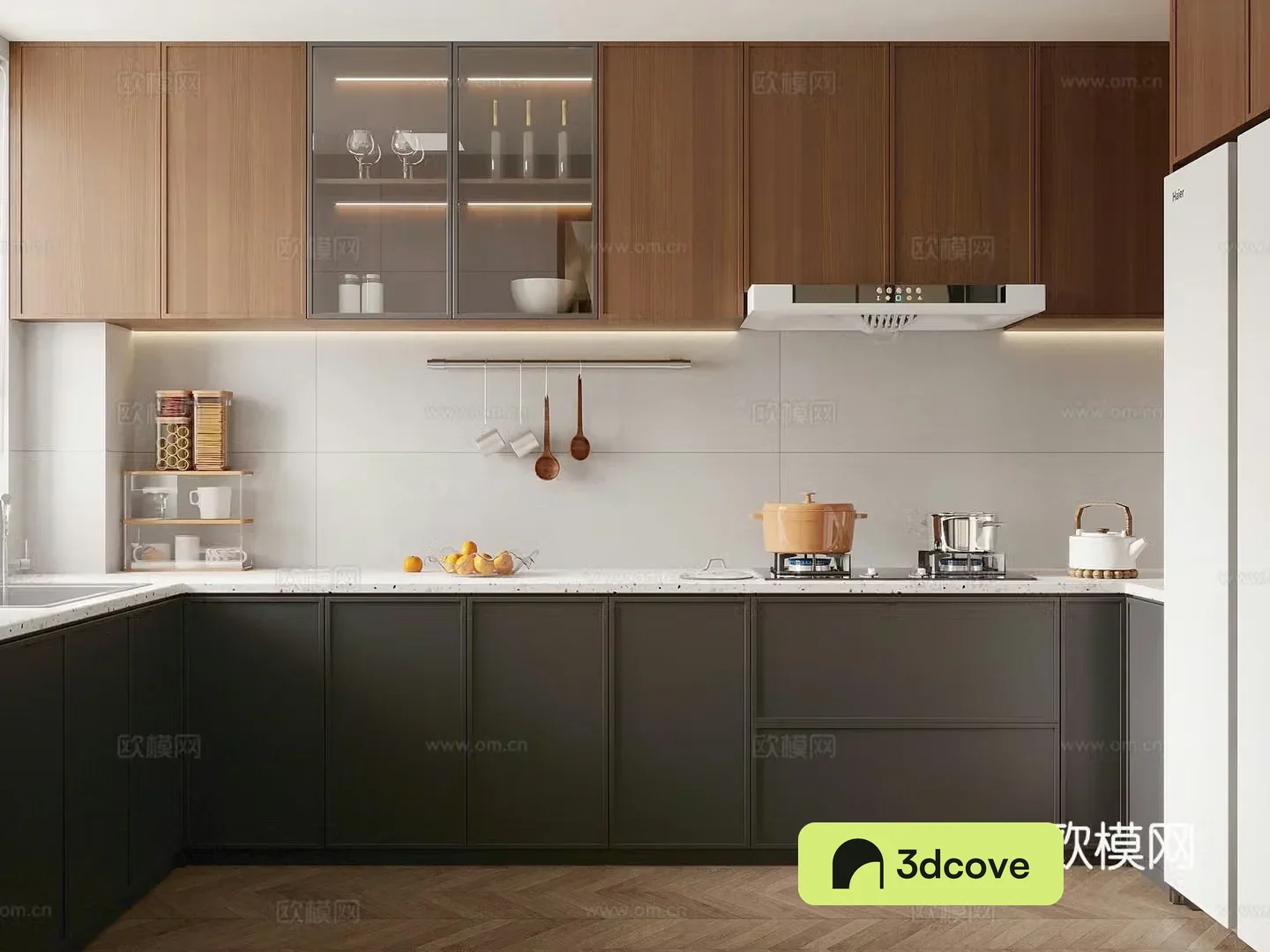 Middle-aged kitchen cabinets kitchen utensils refrigerator stove stove 3D model