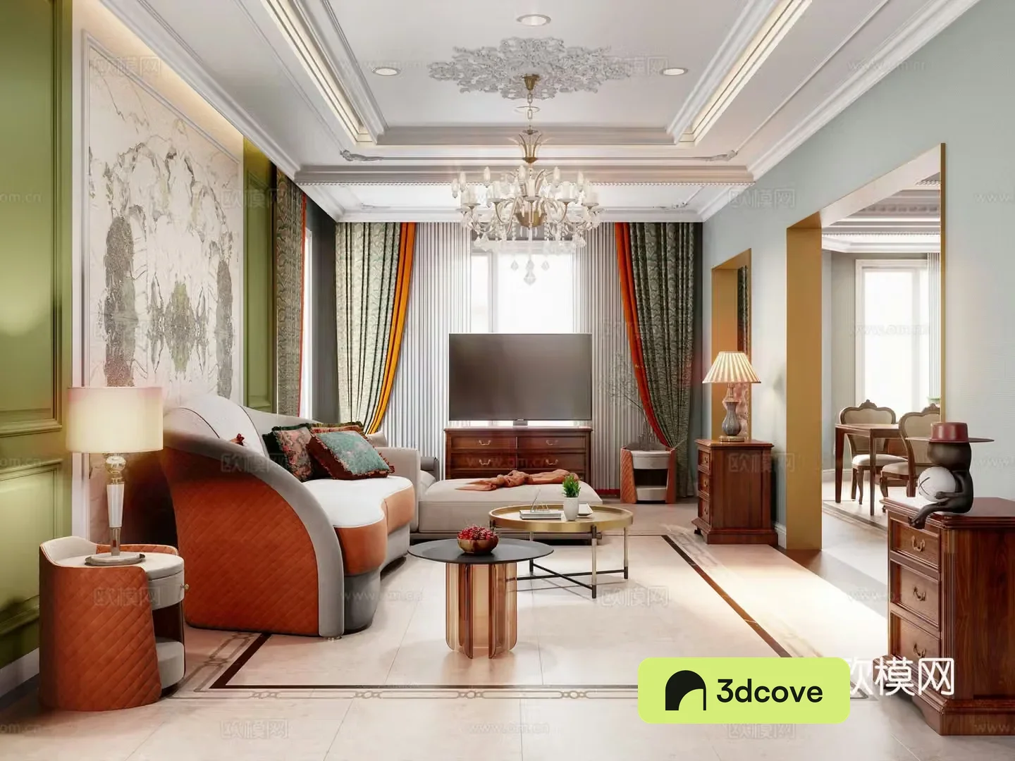 European style living and dining room 3D model