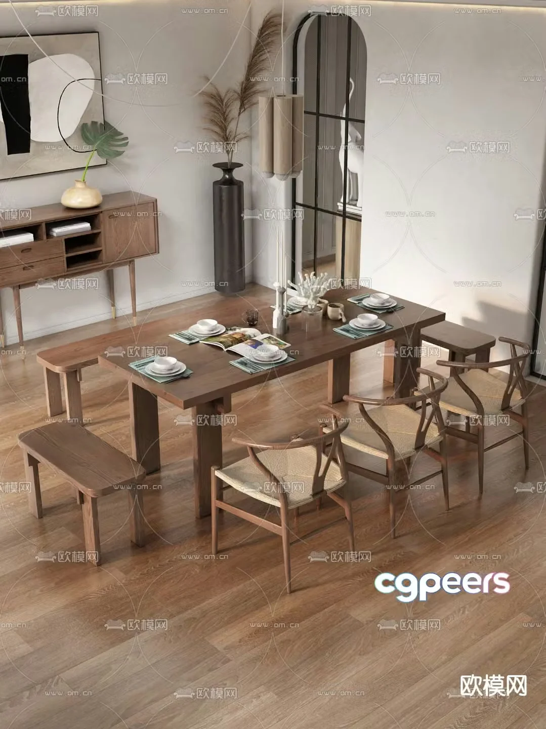 Nordic dining table and chairs log dining table 3d model