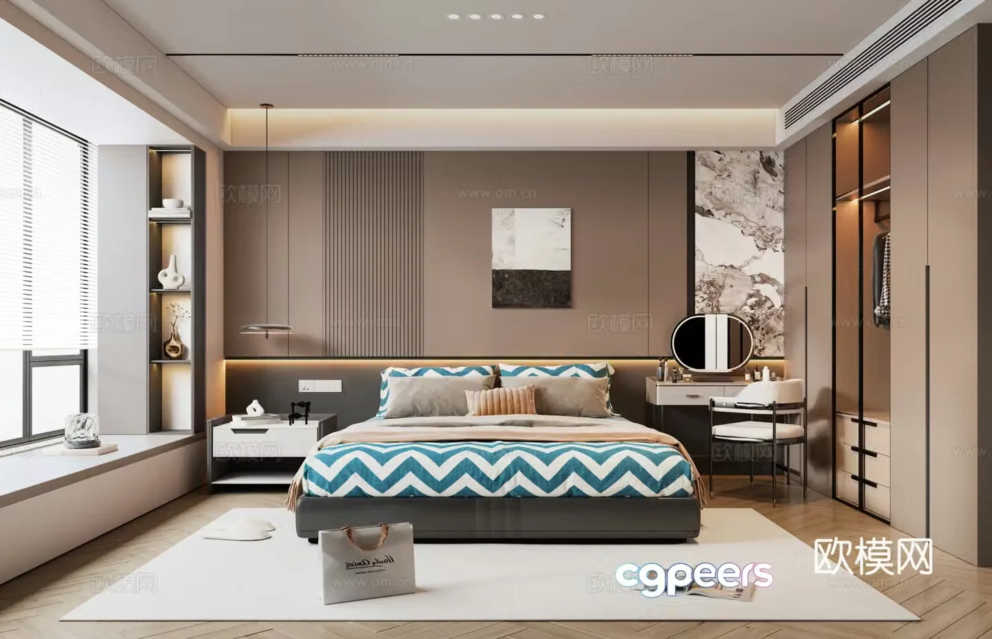 Modern Italian bedroom double bed Italian wardrobe background wall bedside table bay window 3d model
