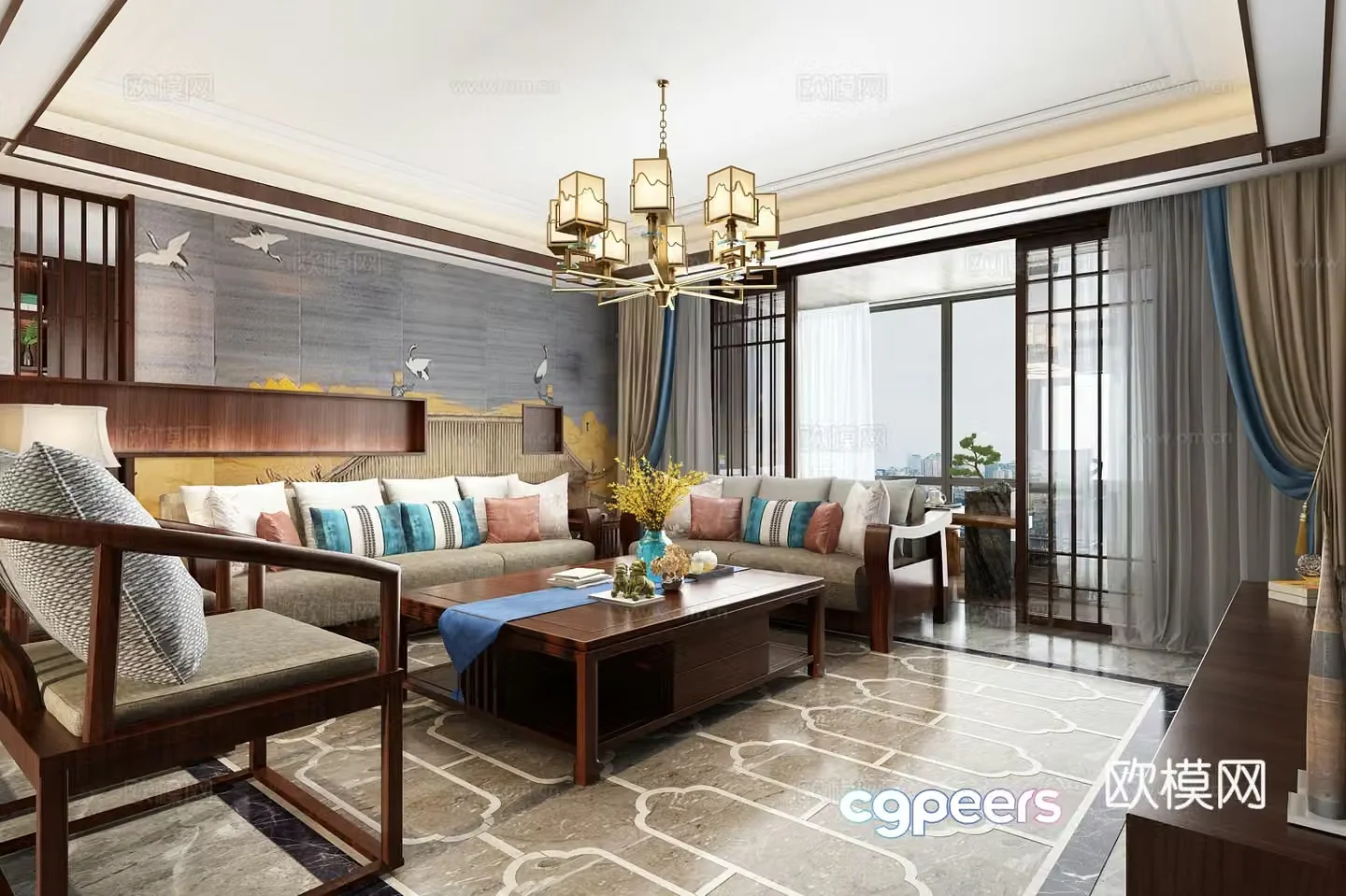 New Chinese style living room entrance chandeliers sofa coffee table TV cabinet wall light 3d model