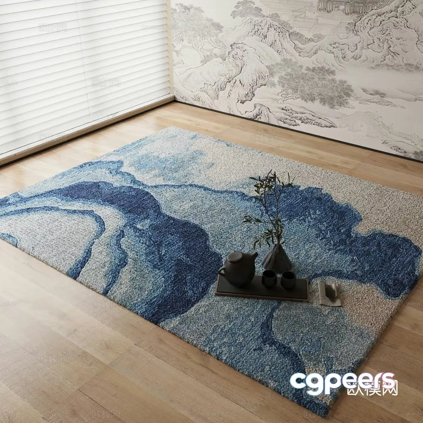 New Chinese style carpet Blue artistic carpet 3d model