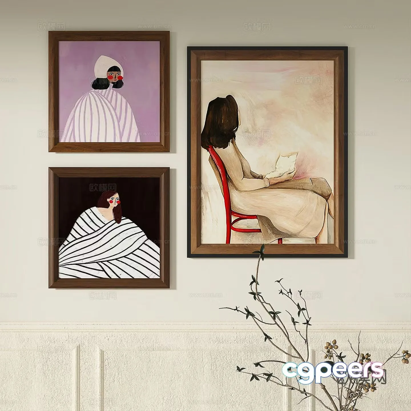 French retro abstract light luxury simple modern medieval decorative painting 3d model
