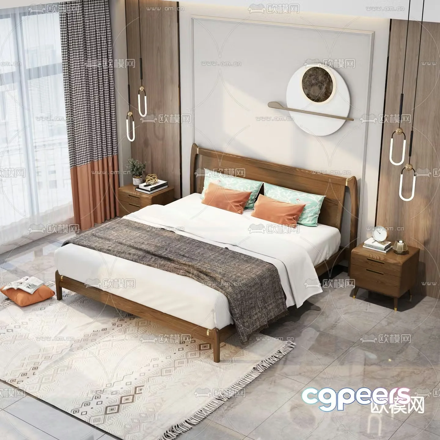 Modern double bed solid wood bed 3d model