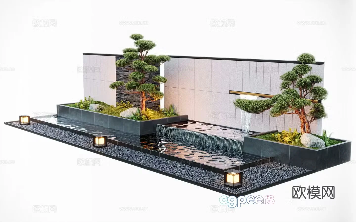 Modern courtyard water feature wall stacked water pool pine tree fountain 3D model