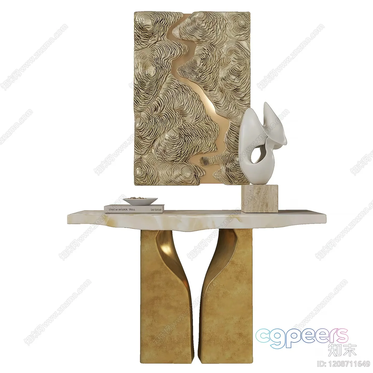 A Decorative Table With A Gold And White Design 3D Model – 22556 – VRAY Render