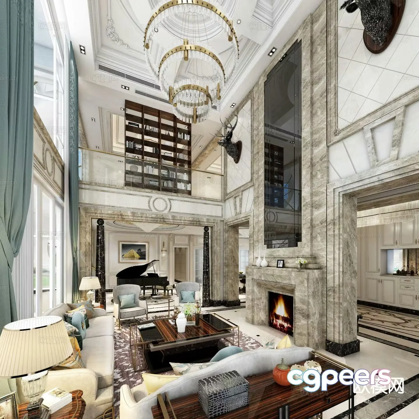 European style villa living room 3d model of villa lobby