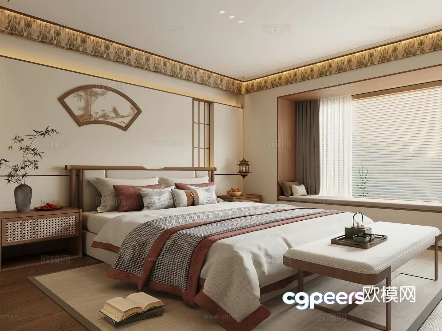 New Chinese style bedroom Song’s bedroom Double bed Song’s background wall 3D model