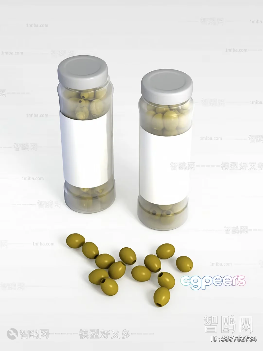 Two Bottles Of Green Olives 3D Model – 22173 – VRAY Render