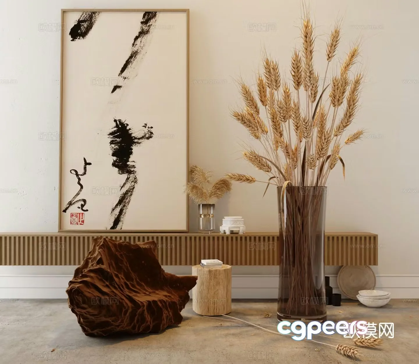 Medieval style vase dried branch flower arrangement furnishings rice ear and reed 3D model