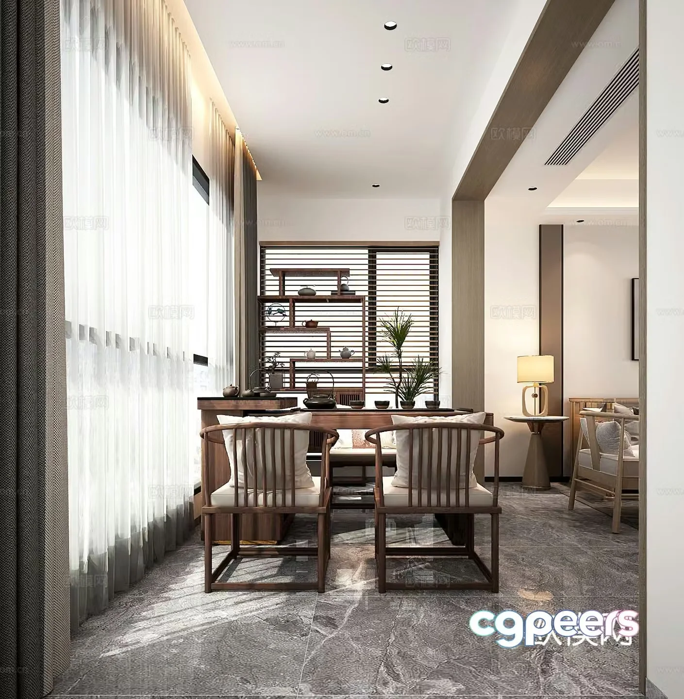 New Chinese style tea room balcony tea tasting area 3D model