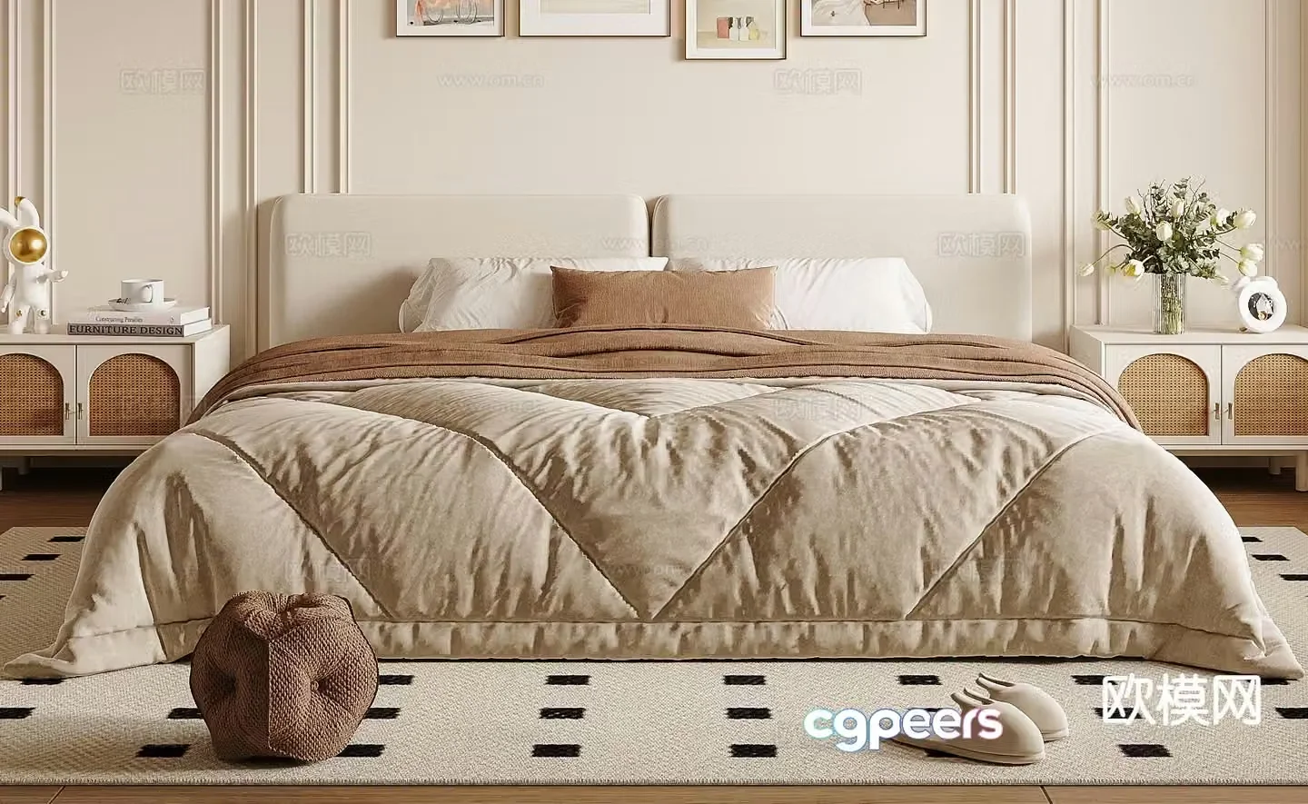 Cream style double bed 3d model
