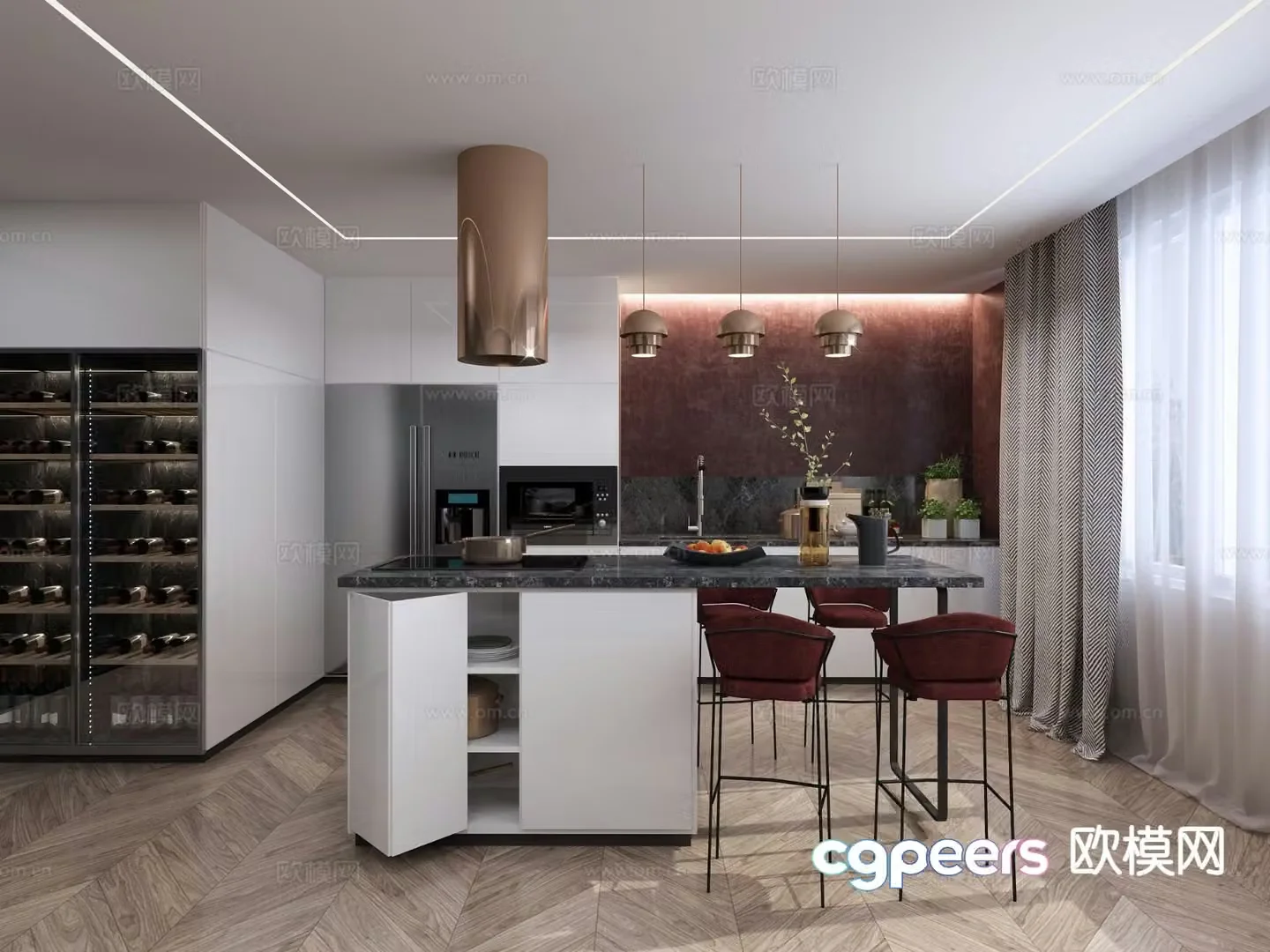 Open kitchen island bar 3D model