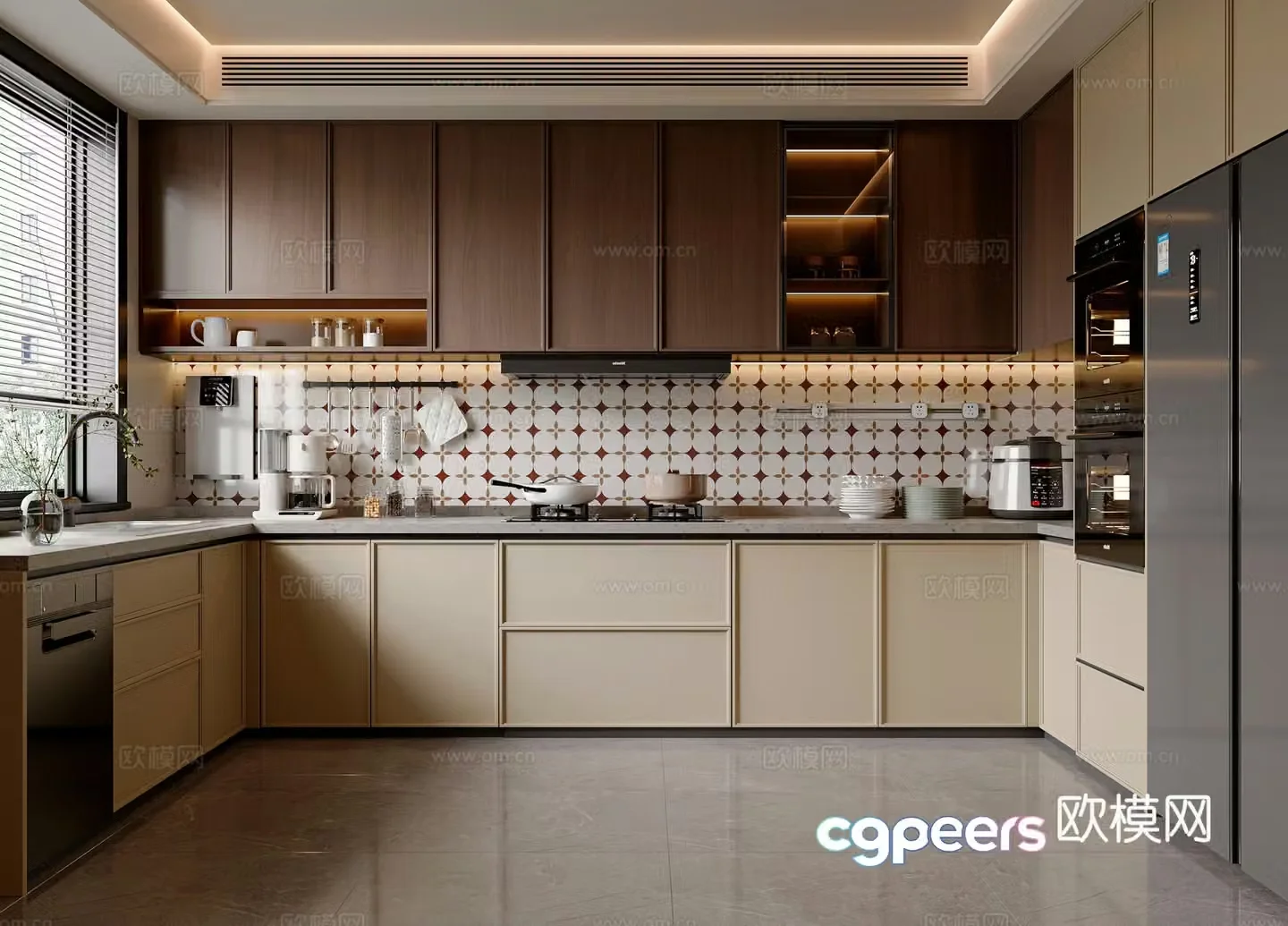 Modern medieval style kitchen cabinet kitchen utensils kitchen appliances stove refrigerator 3d model