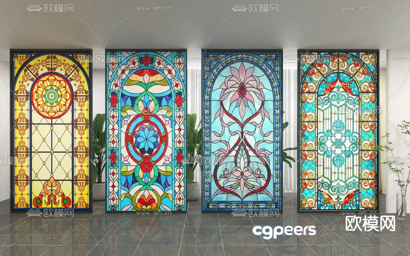 French glass screen painted partition 3d model