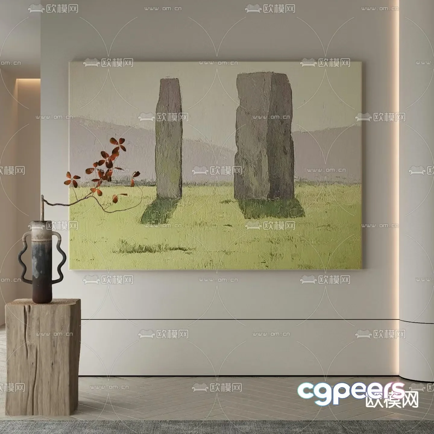 A Painting Of Two Stone Pillars 3D Model – 13629 – VRAY Render