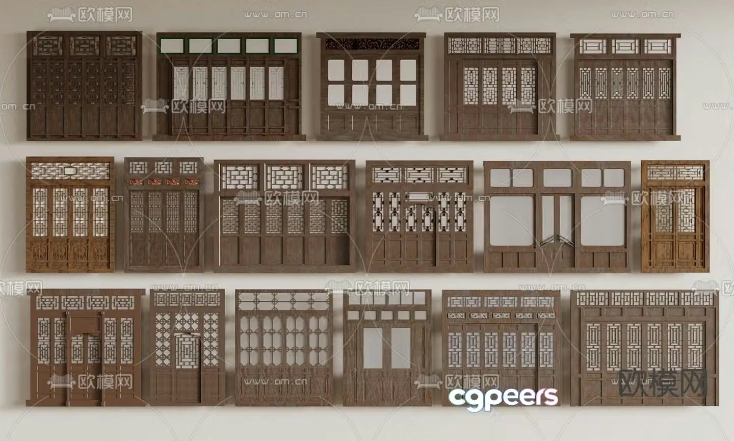 Chinese commercial doors and windows antique doors carved windows 3D model