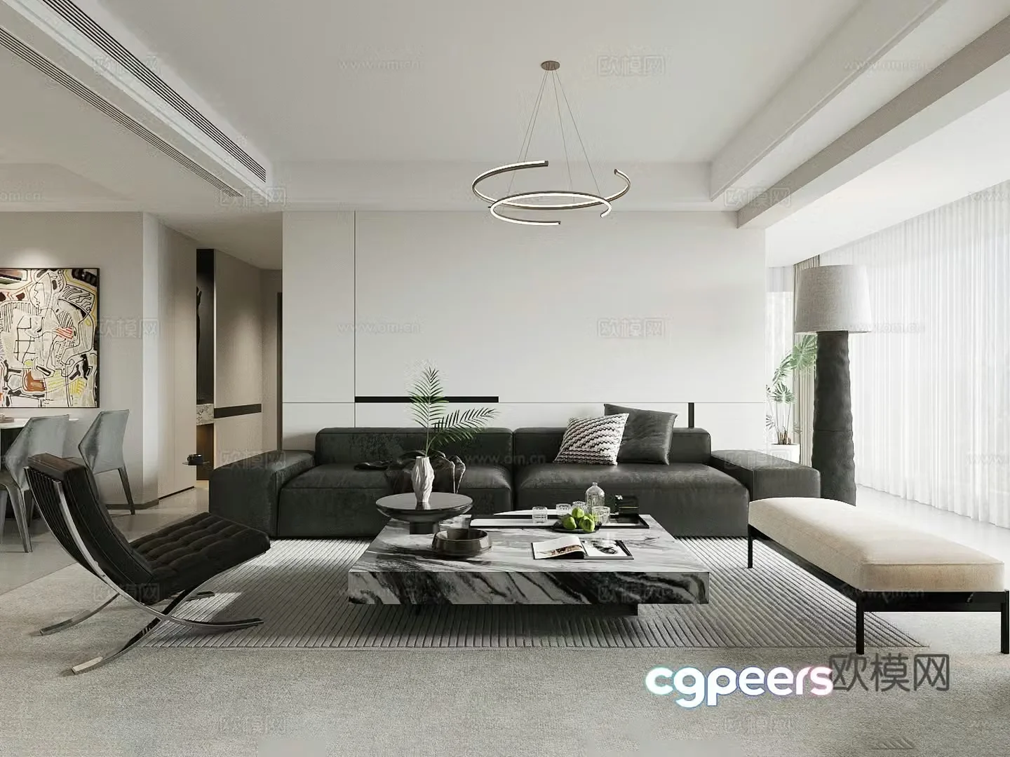 Modern minimalist home living room black white and gray living room sofa coffee table combination leather black sofa 3D model
