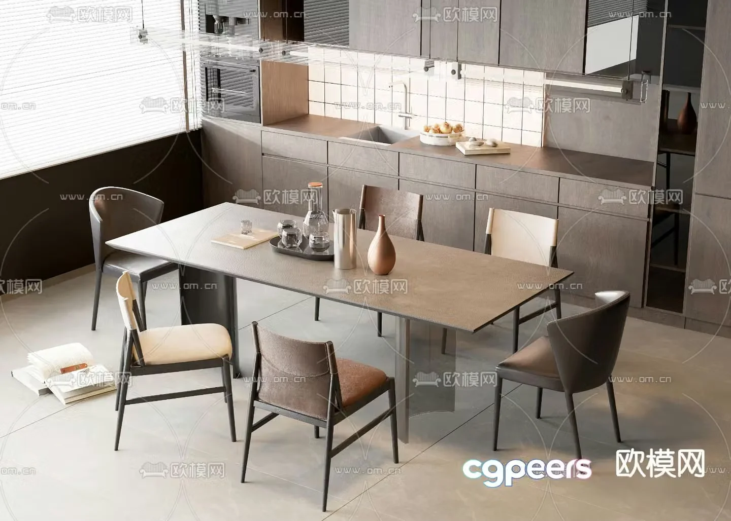 Long dining table and chair 3d model
