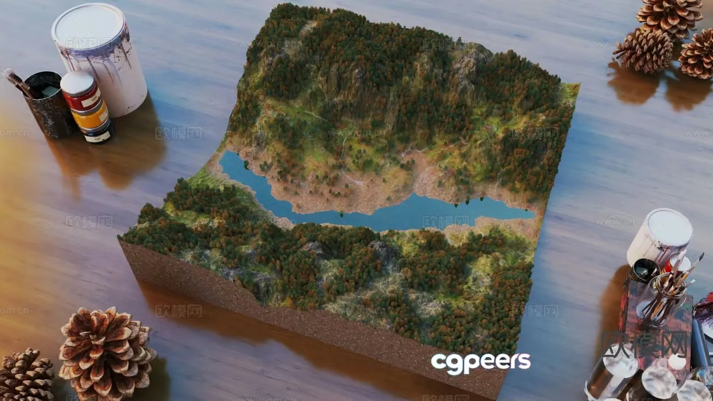 Miniature scene mountains sand table forest river 3d model