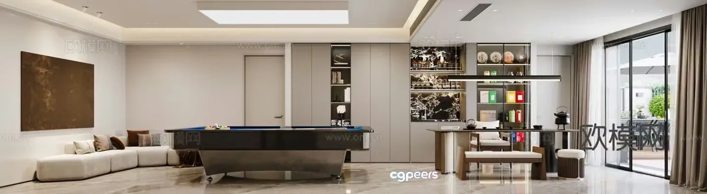 3D model of modern living room and billiards room on the first floor