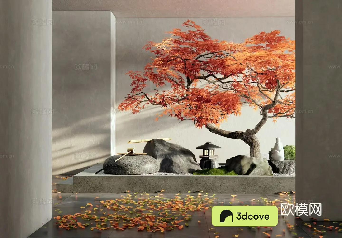 New Chinese style interior landscape landscaping red maple dry landscape water bowl water landscape stone