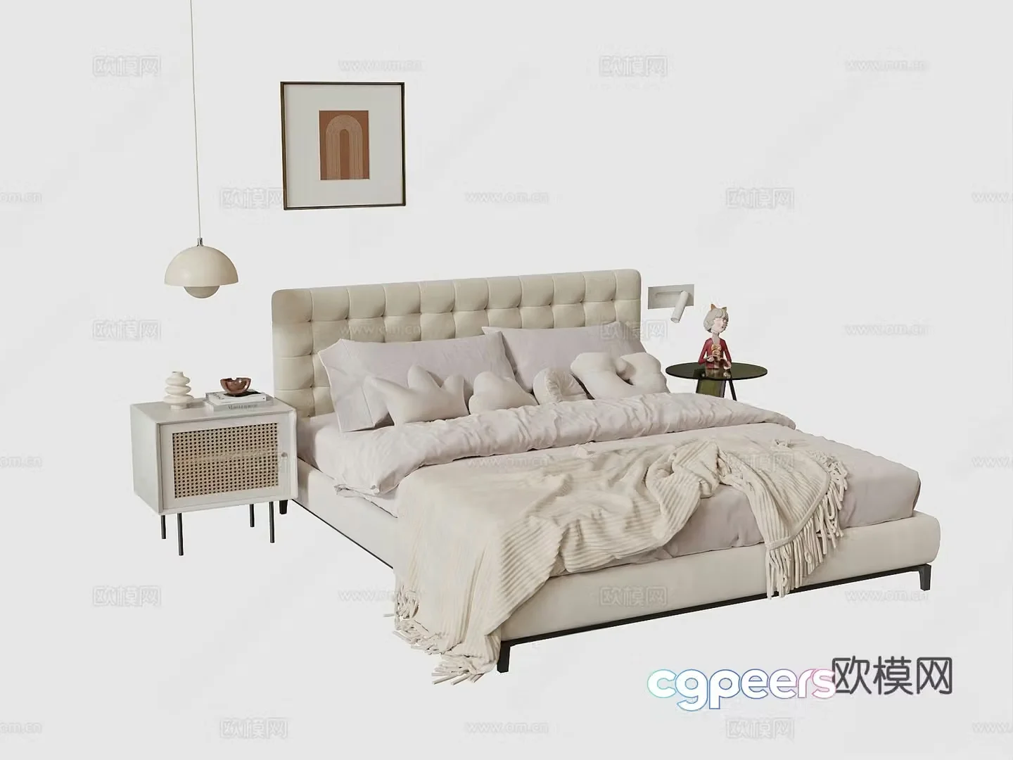 Modern double bed decorative painting with bedside backrest 3d model