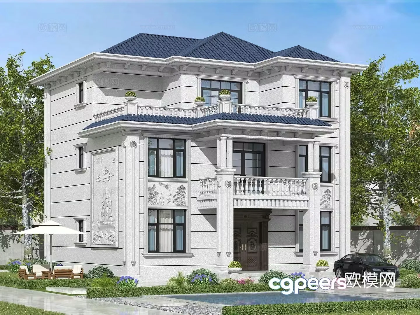 Modern single-family villa exterior 3D model