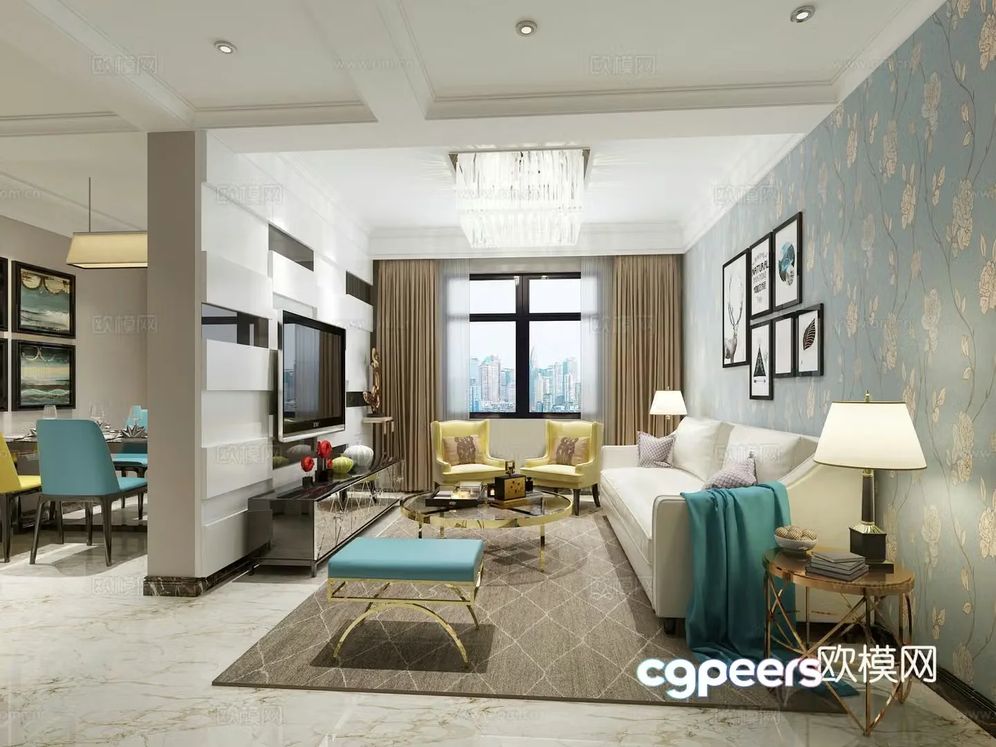 Modern sofa Decorative painting TV cabinet Decorative chandelier Coffee table Plant Carpet 3d model