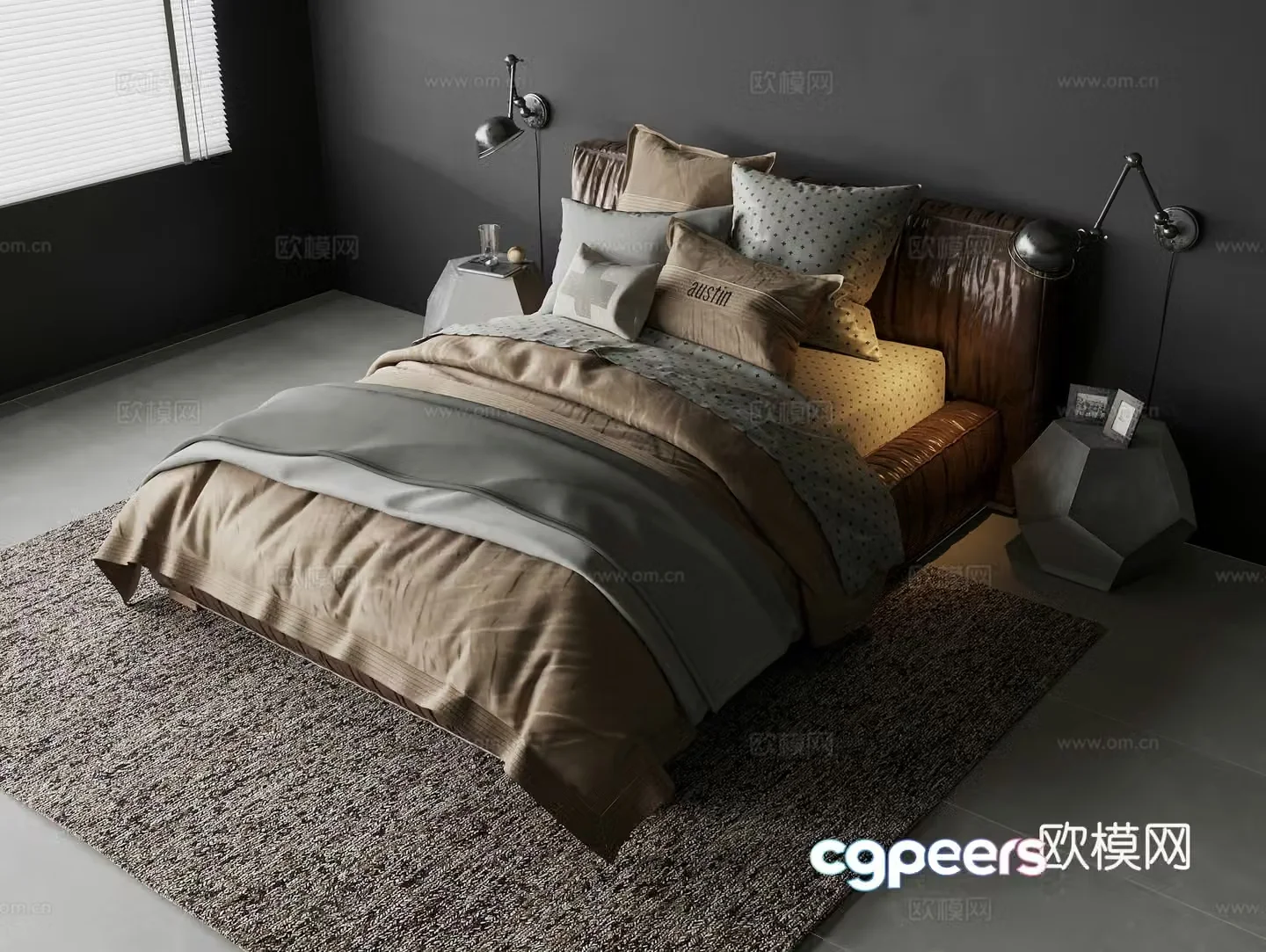 Leather double bed four-piece set on the bed pillow irregular side table metal wall light 3D model