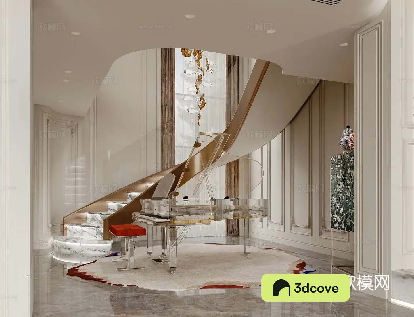 French stairwell Select stairs Piano area