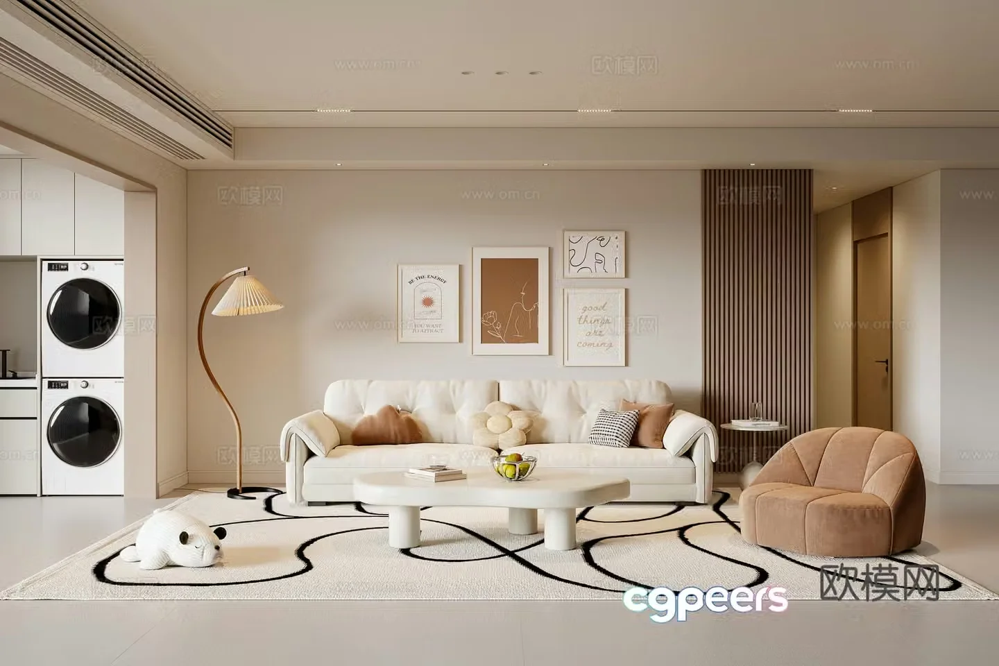 Modern creamy living room sofa coffee table multi-person sofa casual sofa painting floor lamp 3D model