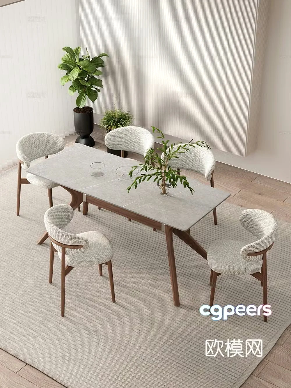Creamy restaurant dining table and chair combination rock table hanging painting decoration 3d model