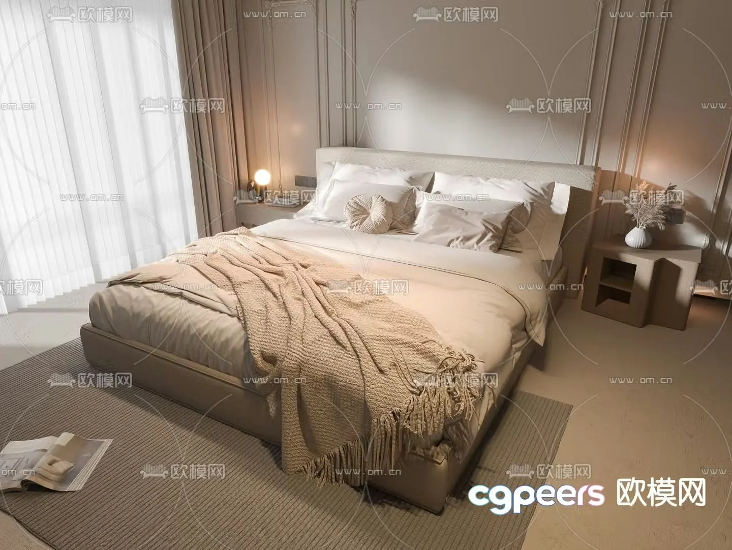 Cream style double bed 3d model