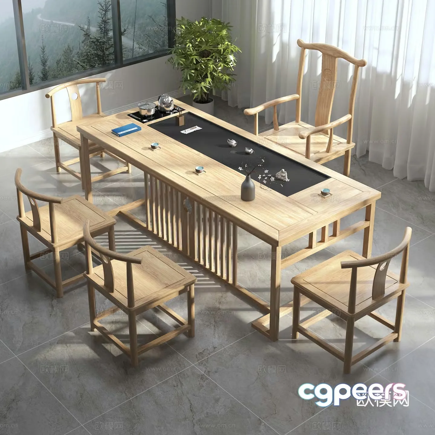 Solid wood tea table balcony scene 3d model